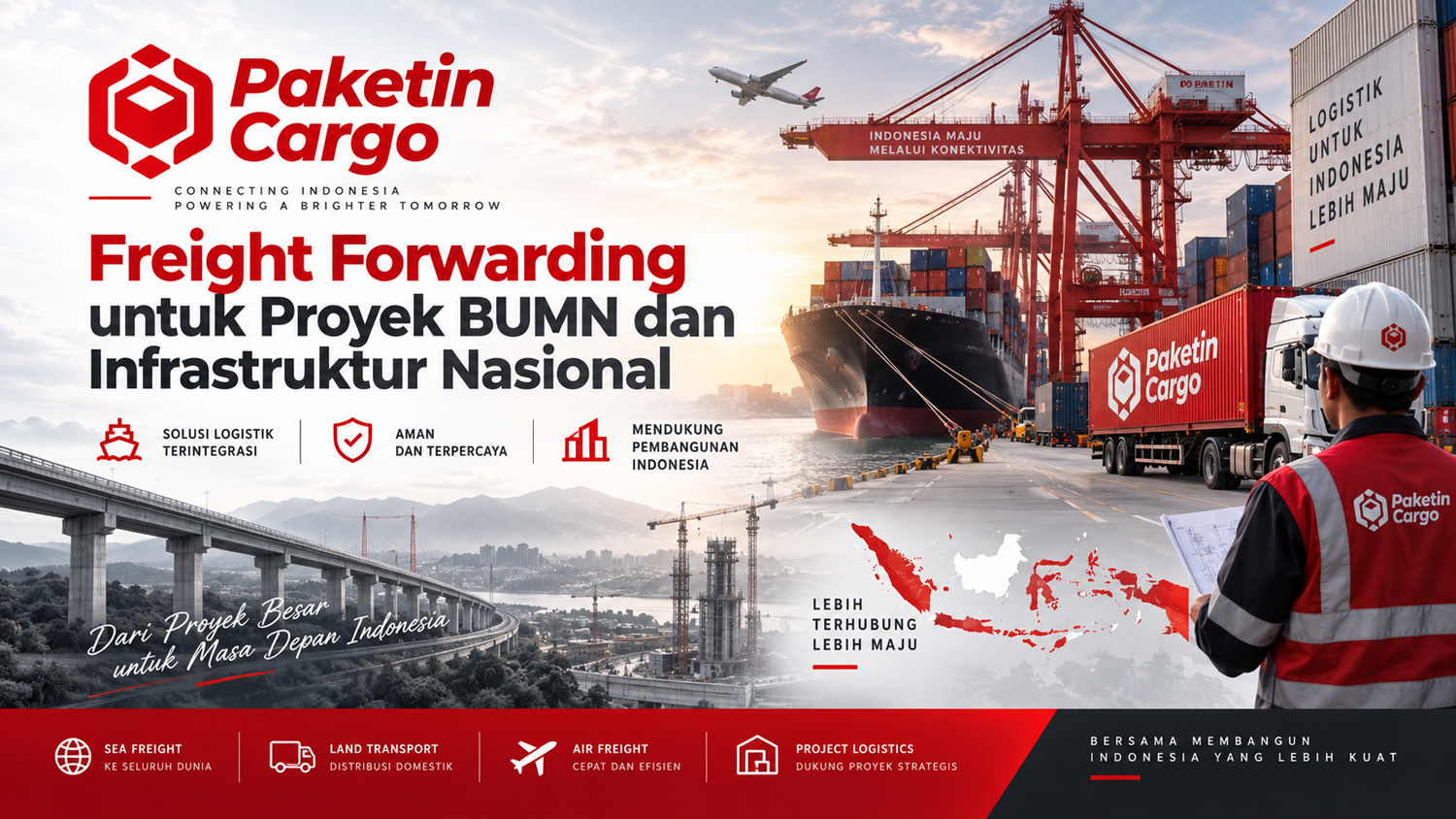 Ilustrasi freight forwarding untuk proyek BUMN dan infrastruktur nasional yang menampilkan distribusi alat berat, material konstruksi, mesin industri, dan project cargo menggunakan layanan logistik Paketin Cargo.
