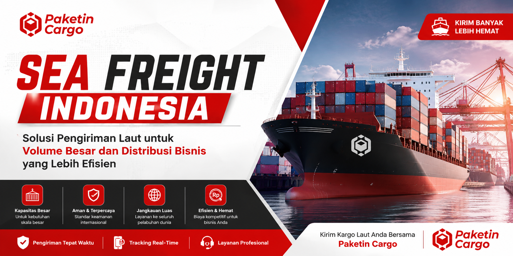 Ilustrasi layanan sea freight Indonesia menggunakan kapal kontainer untuk pengiriman barang dalam volume besar, distribusi industri, ekspor, impor, dan logistik antarpulau oleh Paketin Cargo.