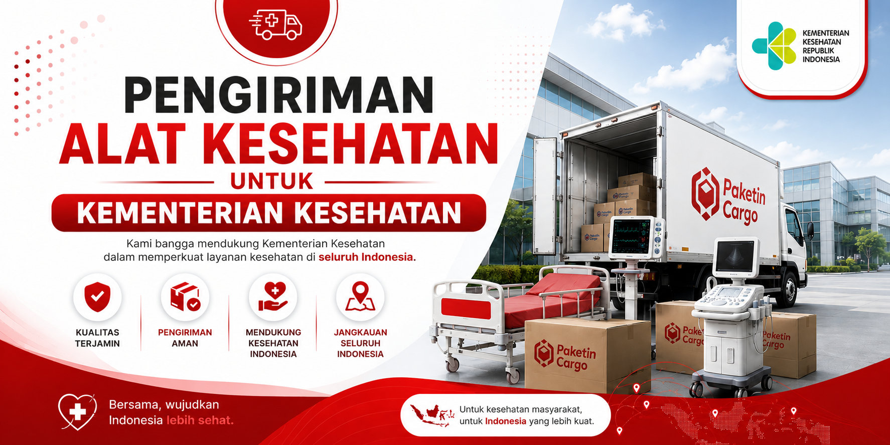 Pengiriman alat kesehatan untuk fasilitas kesehatan pemerintah menggunakan layanan logistik medis Paketin Cargo di Indonesia.